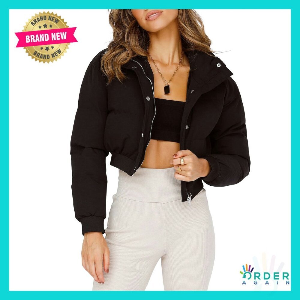 Cropped Puffer Jacket Stand Collar Zip Up Winter Padded Down Coat Chic